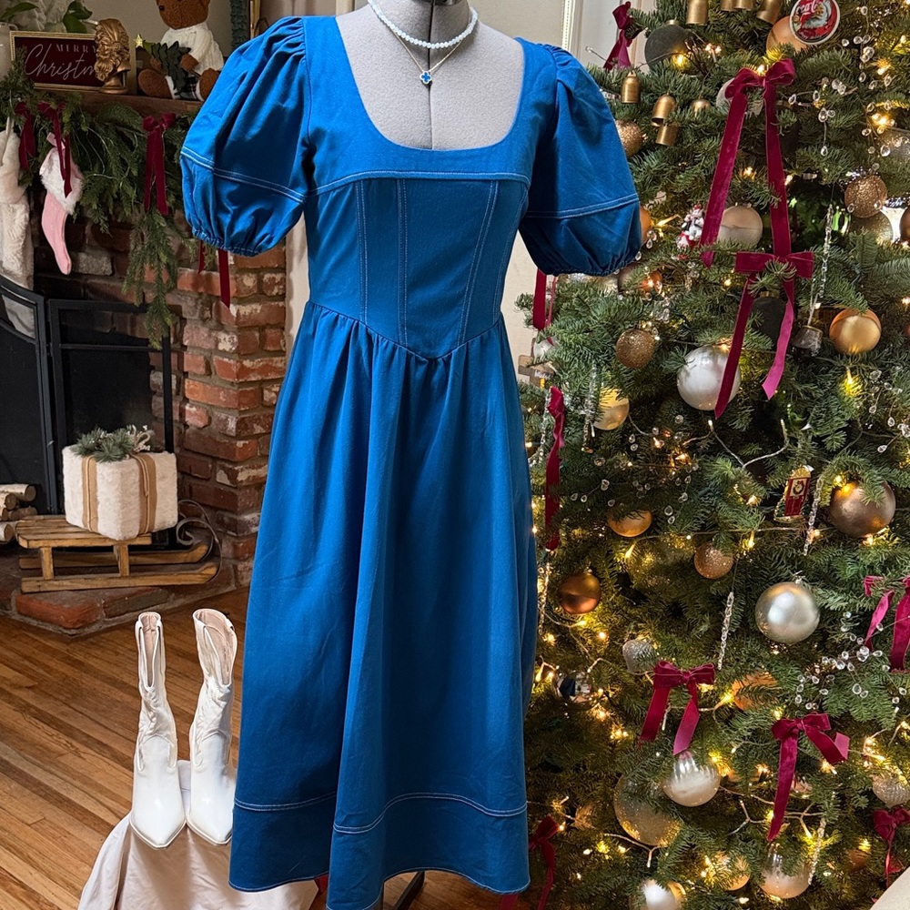 Moon River Blue Puff Sleeve Midi Dress